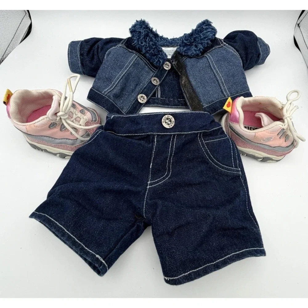 Build A Bear Brown Plush Pink Skechers Shoes & Sparkle Jean Jacket & Pants EUC